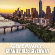 A sunset view of downtown Austin, Texas, with high-rise buildings and a river with multiple bridges. The text on the image reads "Giveaway: Enter now for a chance to win our Grand Prize Giveaway!. Austin Marathon Half Marathon & 5K