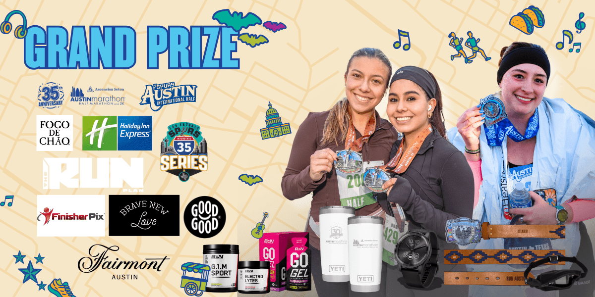 Three smiling women holding medals stand in front of a collage showcasing sponsor logos, prizes like a smartwatch, mugs, snacks, drinkware, and a belt, with a “Grand Prize Giveaway” banner and a stylized map background. Austin Marathon Half Marathon & 5K
