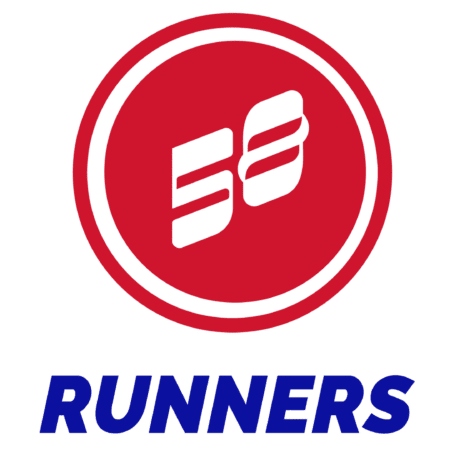 A red circle with a stylized white "58" in the center. Below the circle, "RUNNERS" appears in bold blue capitals—perfect for those seeking Austin Group Runs or free group runs to boost their marathon training. Austin Marathon Half Marathon & 5K