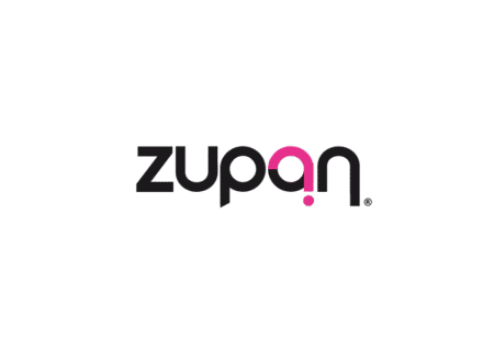 The word "zupan" appears in lowercase black letters on a light gray background. The letter "a" is pink and stylized with a dot below it, resembling an exclamation mark—perfect for Austin running groups or marathon training inspiration. Austin Marathon Half Marathon & 5K