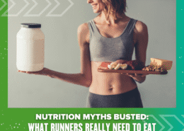 A woman in athletic wear holds a large jar in one hand and a wooden tray with fruit, cheese, and nuts in the other. Text below reads: "Nutrition Myths Busted: What Runners Really Need to Eat." Discover what to eat for peak running performance. Austin Marathon Half Marathon & 5K