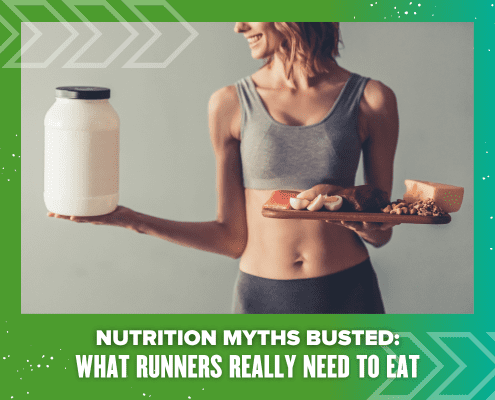 A woman in athletic wear holds a large jar in one hand and a wooden tray with fruit, cheese, and nuts in the other. Text below reads: "Nutrition Myths Busted: What Runners Really Need to Eat." Discover what to eat for peak running performance. Austin Marathon Half Marathon & 5K