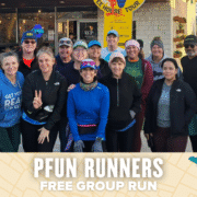 A group of smiling people in athletic wear pose outdoors in front of a building. Below them, text reads, “Pfun Runners Free Group Run,” highlighted over a decorative, map-themed border. Austin Marathon Half Marathon & 5K