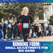 A female runner in black athletic wear runs in a race, with spectators behind barriers. Text on the image reads: "Running Form: Small Adjustments for Big Gains"—perfect running tips to improve your running technique. Austin Marathon Half Marathon & 5K