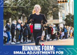 A female runner in black athletic wear runs in a race, with spectators behind barriers. Text on the image reads: "Running Form: Small Adjustments for Big Gains"—perfect running tips to improve your running technique. Austin Marathon Half Marathon & 5K