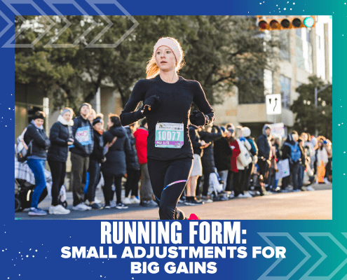 A female runner in black athletic wear runs in a race, with spectators behind barriers. Text on the image reads: "Running Form: Small Adjustments for Big Gains"—perfect running tips to improve your running technique. Austin Marathon Half Marathon & 5K