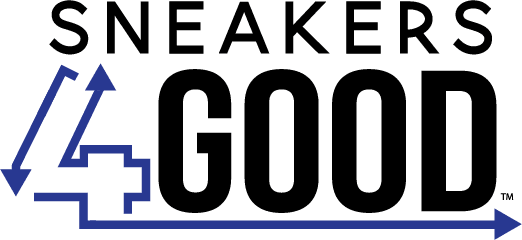 Logo with the text "Sneakers4Good." The number 4 is stylized with blue arrows, suggesting recycling or movement, and appears to the left of "GOOD" in bold black letters—perfect for campaigns to donate used shoes at Meanwhile Brewing. Austin Marathon Half Marathon & 5K