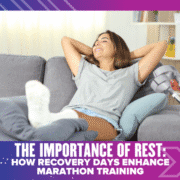 A smiling woman with a cast on her leg relaxes on a couch with crutches beside her. Text reads, "The Importance of Rest: How recovery days enhance marathon training. Austin Marathon Half Marathon & 5K