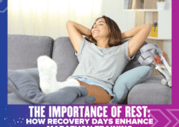 A smiling woman with a cast on her leg relaxes on a couch with crutches beside her. Text reads, "The Importance of Rest: How recovery days enhance marathon training. Austin Marathon Half Marathon & 5K