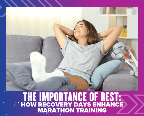 A smiling woman with a cast on her leg relaxes on a couch with crutches beside her. Text reads, "The Importance of Rest: How recovery days enhance marathon training. Austin Marathon Half Marathon & 5K