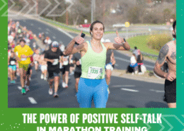 A smiling marathon runner in blue shorts gives two thumbs up while running among a large group. Text reads: "The Power of Positive Self-Talk in Marathon Training—boost your mindset for marathon success. Austin Marathon Half Marathon & 5K