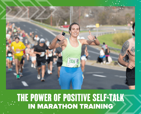 A smiling marathon runner in blue shorts gives two thumbs up while running among a large group. Text reads: "The Power of Positive Self-Talk in Marathon Training—boost your mindset for marathon success. Austin Marathon Half Marathon & 5K
