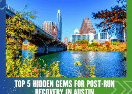 A vibrant cityscape of Austin, Texas, featuring high-rise buildings, a bridge over a river, and trees with autumn leaves. Text reads: "Discover Hidden Gems for Post-Run Recovery in Austin. Austin Marathon Half Marathon & 5K