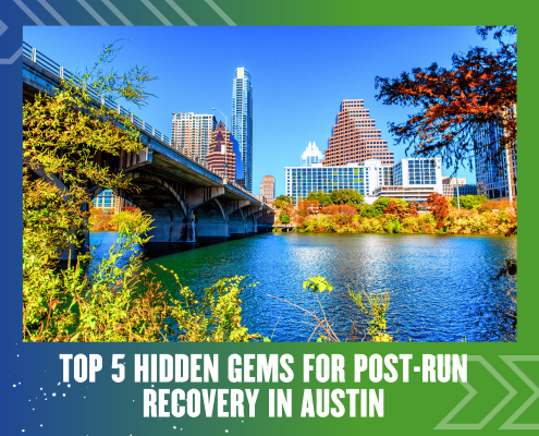 A vibrant cityscape of Austin, Texas, featuring high-rise buildings, a bridge over a river, and trees with autumn leaves. Text reads: "Discover Hidden Gems for Post-Run Recovery in Austin. Austin Marathon Half Marathon & 5K