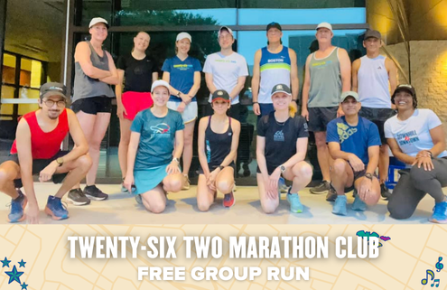 A group of 14 runners, dressed in athletic gear and sneakers, pose and smile together outside a building. Text at the bottom reads: “Twenty-Six Two Marathon Club Free Group Run” with decorative icons, highlighting this free group run event. Austin Marathon Half Marathon & 5K A group of 14 runners, dressed in athletic gear and sneakers, pose and smile together outside a building. Text at the bottom reads: "Twenty-Six Two Marathon Club Free Group Run" with decorative icons, highlighting this free group run event. Austin Marathon Half Marathon & 5K