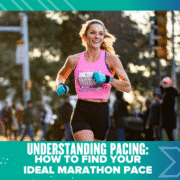 A woman in athletic wear is running a marathon outdoors, smiling confidently. The text reads: "Understanding Pacing: How to Find Your Ideal Marathon Pace." Spectators and trees are visible in the background as she masters her pacing. Austin Marathon Half Marathon & 5K
