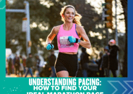A woman in athletic wear is running a marathon outdoors, smiling confidently. The text reads: "Understanding Pacing: How to Find Your Ideal Marathon Pace." Spectators and trees are visible in the background as she masters her pacing. Austin Marathon Half Marathon & 5K