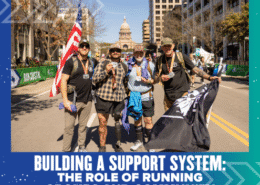 Four smiling runners pose with medals, flags, and gear on a city street near the Texas State Capitol during a race event—highlighting the power of running groups and community in building a strong support system. Austin Marathon Half Marathon & 5K