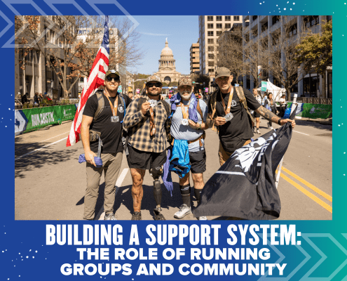 Four smiling runners pose with medals, flags, and gear on a city street near the Texas State Capitol during a race event—highlighting the power of running groups and community in building a strong support system. Austin Marathon Half Marathon & 5K