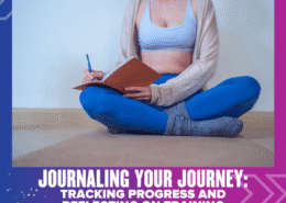 A person in workout clothes sits cross-legged on a mat, journaling their training. The image has a purple and blue border with the text: "Journaling Your Journey: Tracking Progress and Reflecting on Training. Austin Marathon Half Marathon & 5K