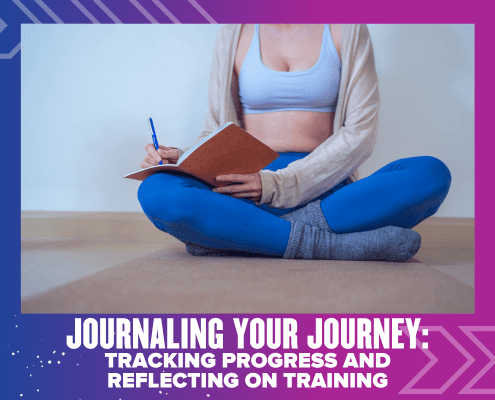 A person in workout clothes sits cross-legged on a mat, journaling their training. The image has a purple and blue border with the text: "Journaling Your Journey: Tracking Progress and Reflecting on Training. Austin Marathon Half Marathon & 5K