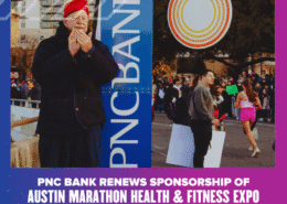 A man in a red beret claps near a PNC Bank sign as runners and spectators gather at the Austin Marathon. Text below reads, "PNC Bank Renews Sponsorship of Austin Marathon Health & Fitness Expo. Austin Marathon Half Marathon & 5K