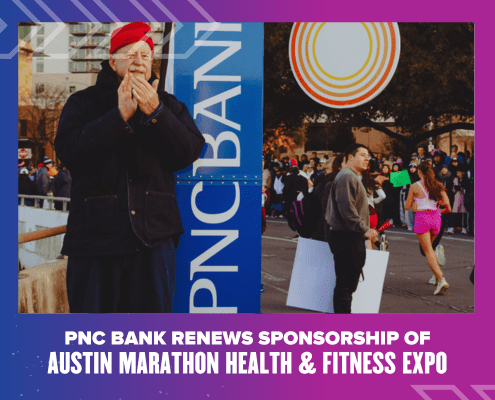 A man in a red beret claps near a PNC Bank sign as runners and spectators gather at the Austin Marathon. Text below reads, "PNC Bank Renews Sponsorship of Austin Marathon Health & Fitness Expo. Austin Marathon Half Marathon & 5K