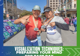 Two smiling runners in athletic gear hold medals and pose at the race finish line, surrounded by banners and city buildings. Text at the bottom reads: "Visualization Techniques: Preparing Your Mind for Race Day.”. Austin Marathon Half Marathon & 5K