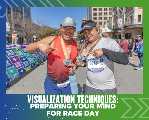 Two smiling runners in athletic gear hold medals and pose at the race finish line, surrounded by banners and city buildings. Text at the bottom reads: "Visualization Techniques: Preparing Your Mind for Race Day.”. Austin Marathon Half Marathon & 5K