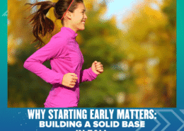 A woman in a pink jacket jogs outdoors on a sunny fall day. Text below reads, "Why starting early matters: Building a solid base in fall. Austin Marathon Half Marathon & 5K