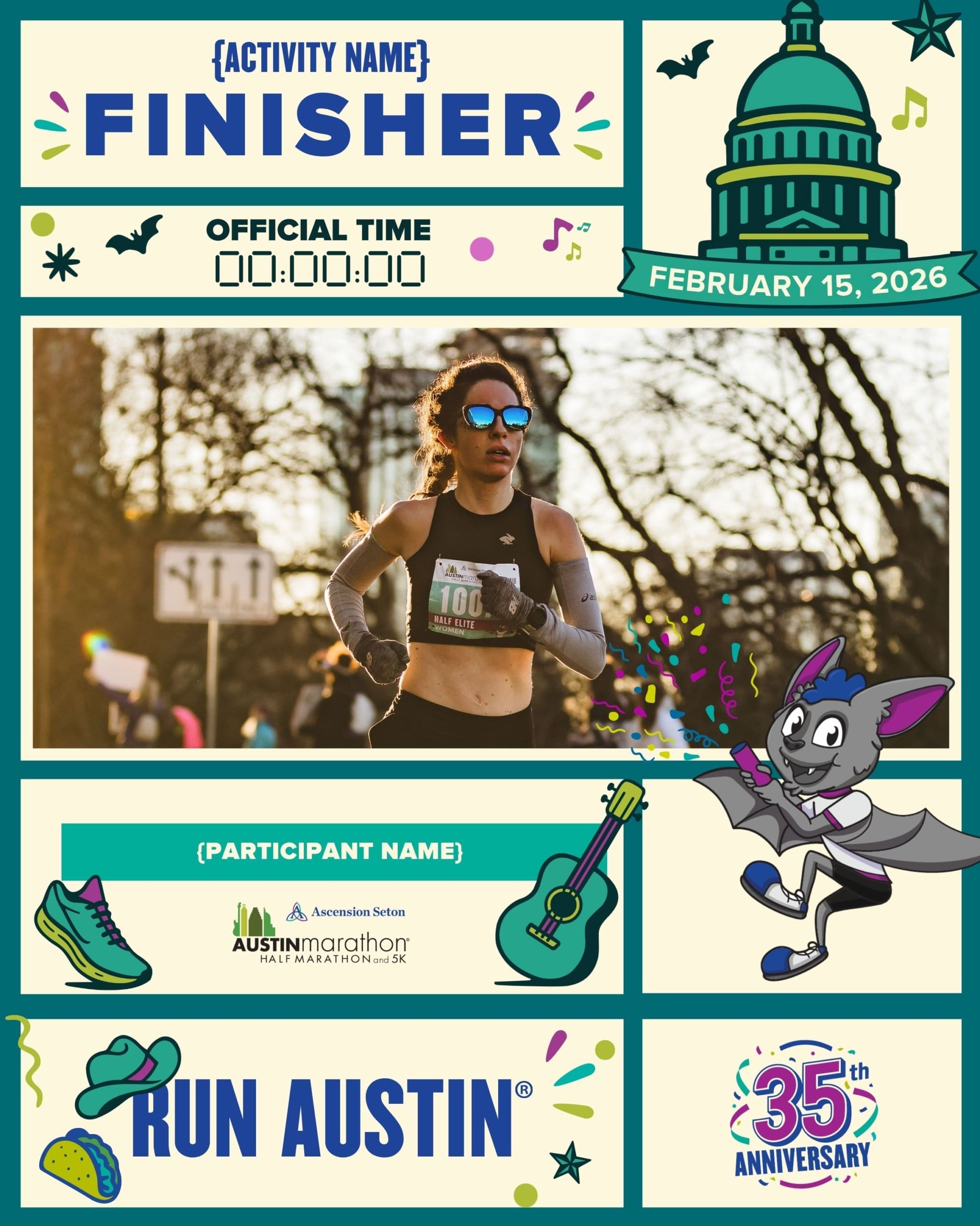 A runner wearing sunglasses, a tank top, and gloves crosses the finish line at the Austin Marathon race. Illustrated music notes, a guitar, a cartoon bat, and celebration graphics decorate this fun, personal finisher certificate. Austin Marathon Half Marathon & 5K