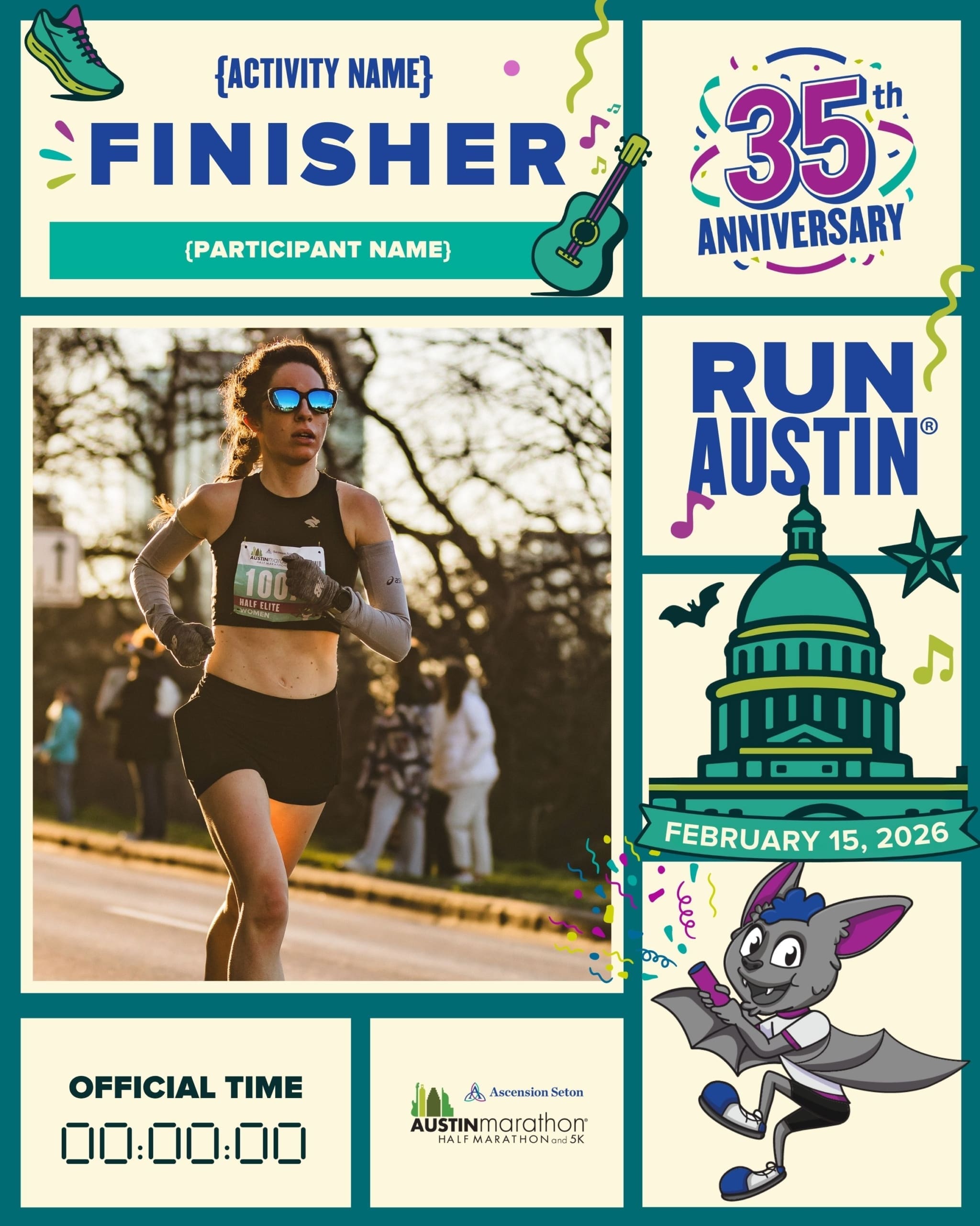 A runner wearing sunglasses and a race bib crosses the finish line at the Austin Marathon. The design features celebratory graphics, a guitar, Austin's Capitol, the date February 15, 2026, and space for your personal Official Race Photos. Austin Marathon Half Marathon & 5K