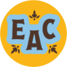 A yellow circle with the letters “EAC” in large, bold, dark brown font outlined in light blue, decorated with small brown leaf-like designs above and below the letters—perfect for a marathon fundraising or charity running program. Austin Marathon Half Marathon & 5K