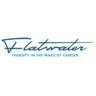 Logo with the word "Flatwater" in large, cursive blue text, and the tagline "Therapy in the Wake of Cancer" in smaller, uppercase blue text below it. The background is light gray, highlighting our charity running program to race for a cause. Austin Marathon Half Marathon & 5K