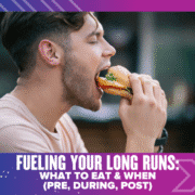 A man with short hair eats a large sandwich or burger. Text on the image reads: "Fueling your long runs: What to eat before running & when (pre, during, post)". The image has a pink and blue gradient border. Austin Marathon Half Marathon & 5K