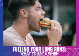 A man with short hair eats a large sandwich or burger. Text on the image reads: "Fueling your long runs: What to eat before running & when (pre, during, post)". The image has a pink and blue gradient border. Austin Marathon Half Marathon & 5K