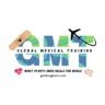 Large letters "GMT" with a globe pattern, a bandage on the "G," and an airplane over the "T." Below, text reads "Global Medical Training," "What starts here heals the world," and a heart icon, highlighting our Charity running program and medical supplies. Austin Marathon Half Marathon & 5K