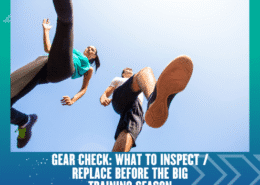 Two runners in athletic wear are seen from a low angle against a blue sky, emphasizing their shoes. The text below reads, "Gear Check: Inspect gear and see what to replace before the big training season. Austin Marathon Half Marathon & 5K