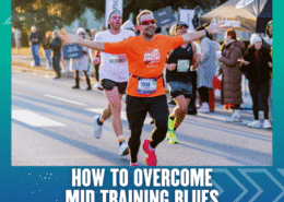 A smiling runner in an orange shirt raises his arms in celebration while running a race with other participants. The text at the bottom reads, "How to Overcome Training Slump. Austin Marathon Half Marathon & 5K