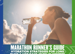A woman drinks water from a bottle outdoors on a sunny day. Text below reads: "Marathon Runner's Guide: Hydration strategies for long runs & hot days (even in winter). Austin Marathon Half Marathon & 5K