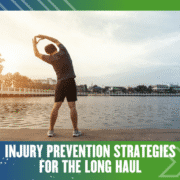 A person stretching by a waterfront at sunrise or sunset, with the text “Injury Prevention Strategies for the Long Haul” in bold white letters at the bottom, highlighting effective injury prevention strategies for lifelong wellness. Austin Marathon Half Marathon & 5K