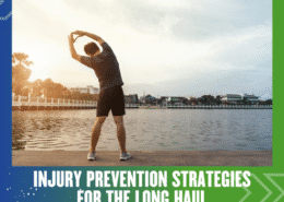 A person stretching by a waterfront at sunrise or sunset, with the text “Injury Prevention Strategies for the Long Haul” in bold white letters at the bottom, highlighting effective injury prevention strategies for lifelong wellness. Austin Marathon Half Marathon & 5K