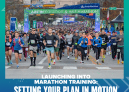 Runners take off at the starting line of the Austin Marathon & Half Marathon, with a large crowd behind them and race banners overhead. Text reads, "Launching into marathon training: Set your marathon training plan in motion. Austin Marathon Half Marathon & 5K