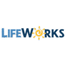 The image shows the word "LIFEWORKS" in blue capital letters, with the "O" replaced by a yellow sun symbol, suggesting positivity and energy—an ideal logo for a Charity running program. The background is light gray. Austin Marathon Half Marathon & 5K