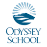 Odyssey School logo with a blue stylized sunburst over a geometric shape and river, above "Odyssey School" in elegant blue lettering on a light background—perfect for promoting a Charity running program or non-profit fundraising event. Austin Marathon Half Marathon & 5K