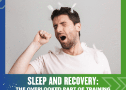 A man yawning with eyes closed and feather pieces in his hair, wearing a white t-shirt. The image is bordered by green and blue with the text: "Sleep and Recovery: The Overlooked Part of Training." Perfect rest boosts your training. Austin Marathon Half Marathon & 5K