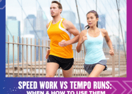 Two runners, a man in an orange tank top and a woman in a light blue tank top, jog on a bridge with a city skyline behind them. Text below reads: "Speed Work vs Tempo Runs: Optimize Your Running Training for Peak Performance. Austin Marathon Half Marathon & 5K