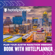 A vibrant cityscape of downtown Austin at sunset with skyscrapers lit up; overlaid text reads "Plan your Austin Marathon weekend—discover why book with HotelPlanner." HotelPlanner logo appears at the top. Austin Marathon Half Marathon & 5K
