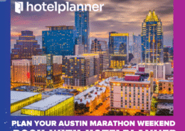 A vibrant cityscape of downtown Austin at sunset with skyscrapers lit up; overlaid text reads "Plan your Austin Marathon weekend—discover why book with HotelPlanner." HotelPlanner logo appears at the top. Austin Marathon Half Marathon & 5K