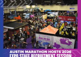 A crowded indoor expo hall with colorful booths and banners. People walk around, interacting. Text over the image reads: “Austin Marathon Hosts 2026 Expo Staff Recruitment Session.” Join the recruitment session for the 2026 Expo staff!. Austin Marathon Half Marathon & 5K